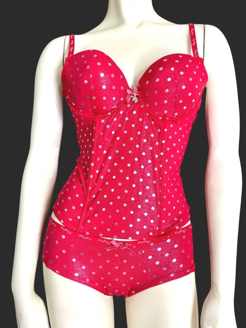 size S Playboy Playmate red dot bustier corset teddy‎ lingerie set nwot y2k